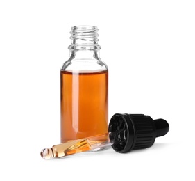 Cosmetic bottle and pipette with essential oil on white background