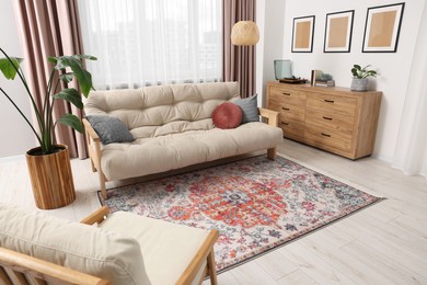 Beautiful rug, sofa, chest of drawers and plant near window indoors