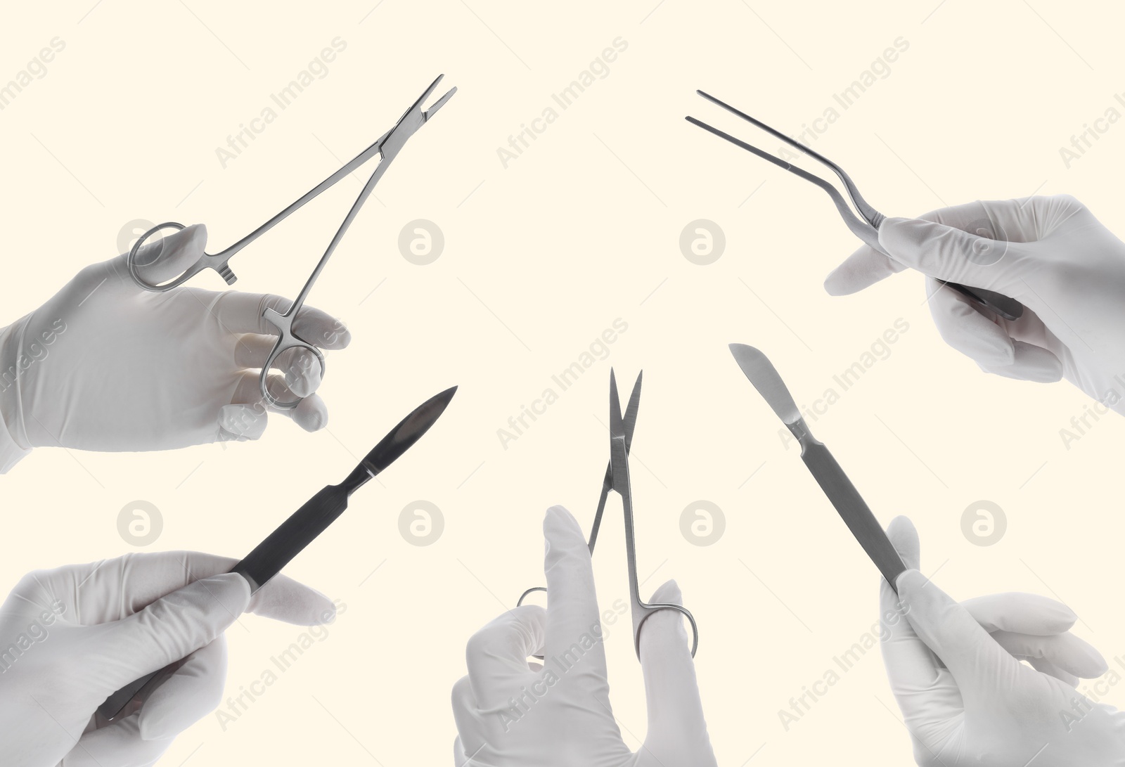 Image of Collage with photos of doctors holding different surgical instruments on white background, closeup 