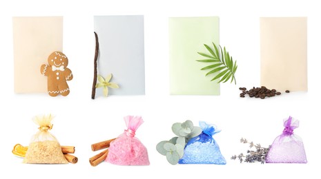 Image of Set of scented sachets with different aromas on white background. Banner design