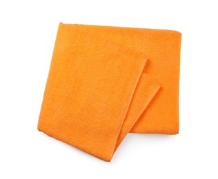 Photo of Folded orange beach towel isolated on white, top view