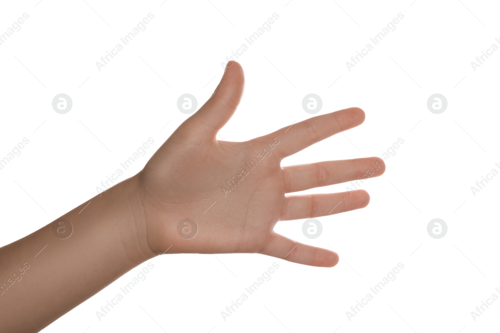 Photo of Child showing hand on white background, closeup