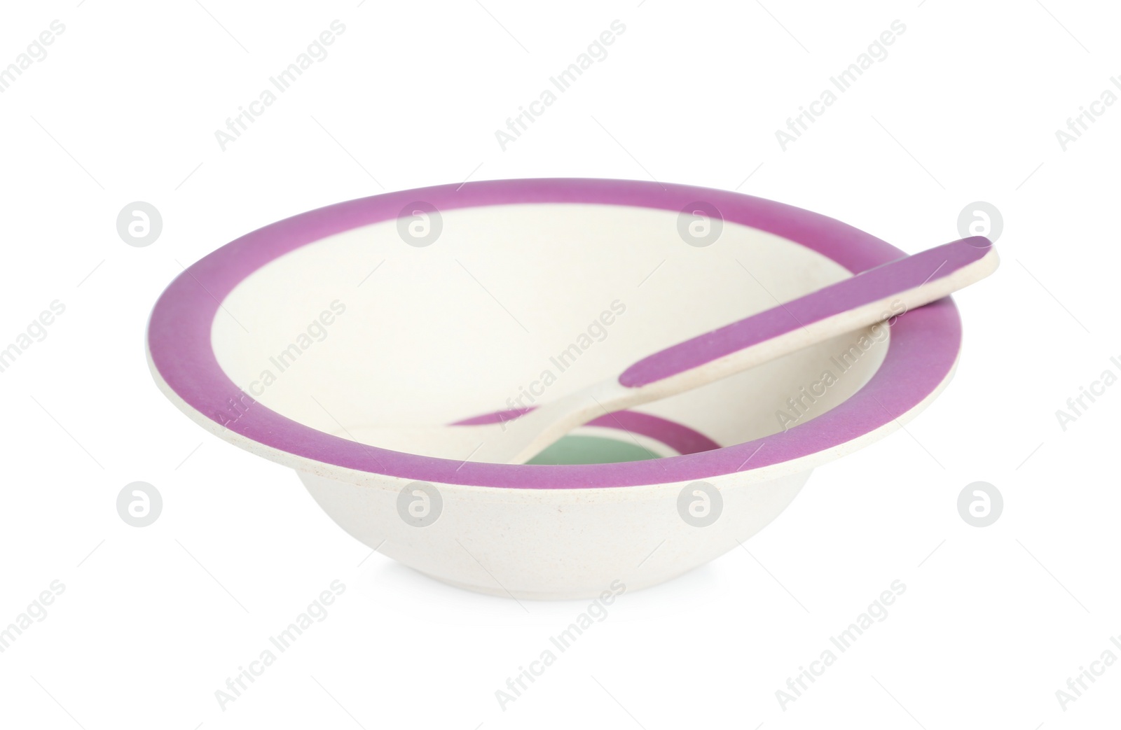 Photo of Colorful bowl with spoon isolated on white. Serving baby food