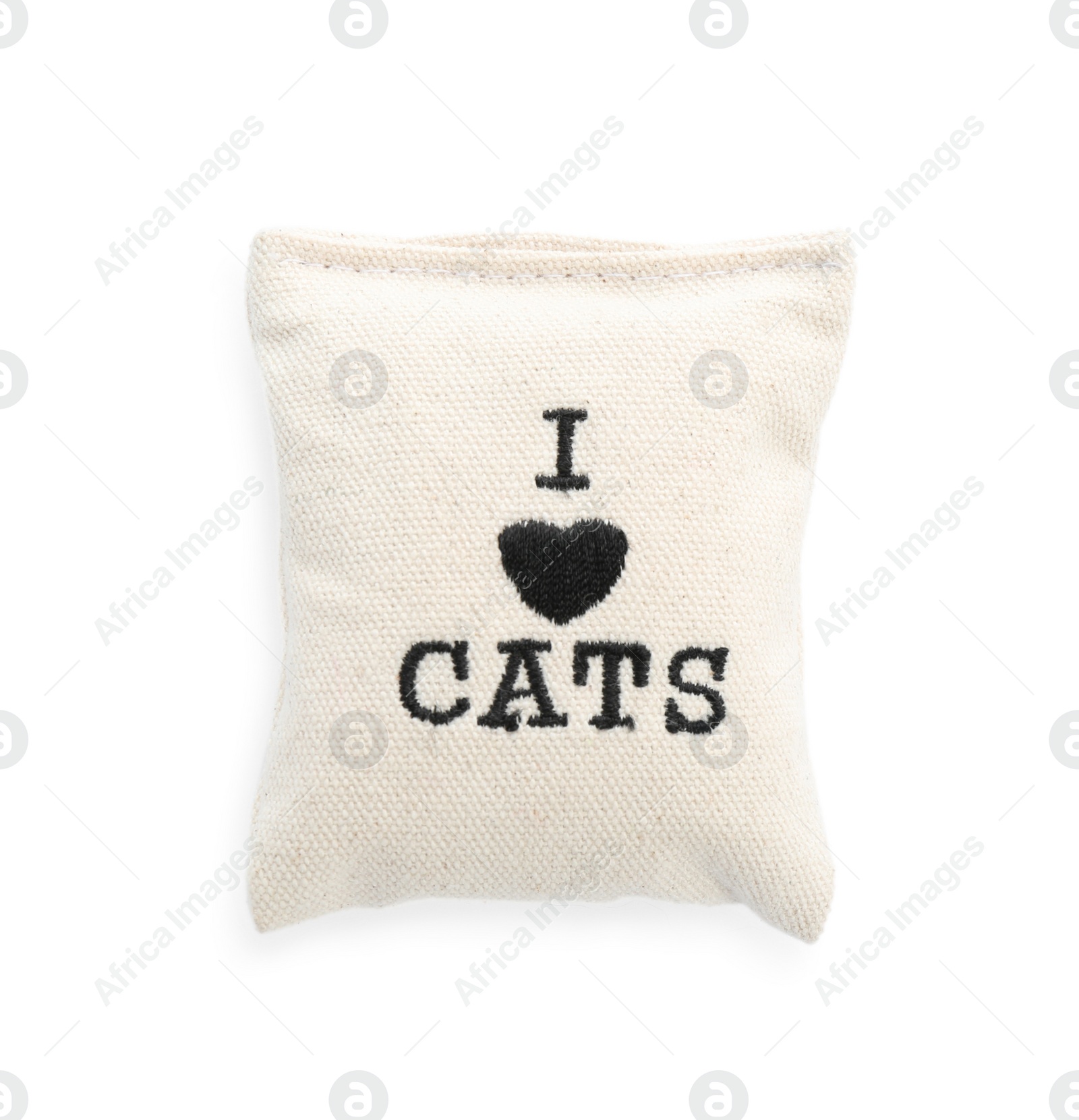 Photo of Small pillow with mint and phrase I LOVE CATS on white background, top view. Pet accessory