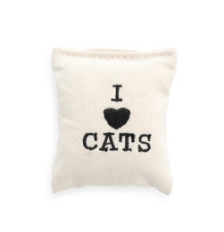 Photo of Small pillow with mint and phrase I LOVE CATS on white background, top view. Pet accessory