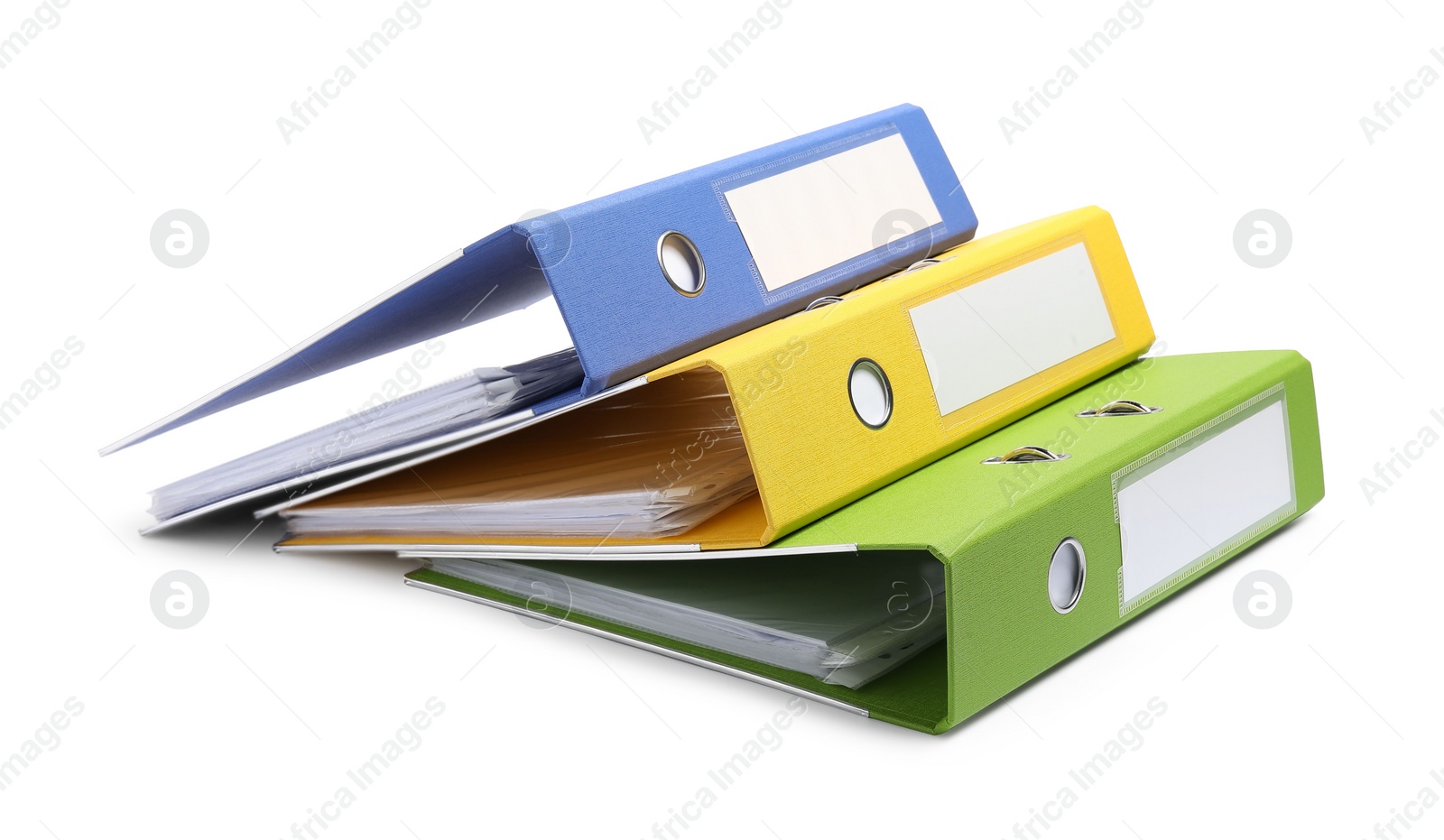 Photo of Many bright office folders isolated on white