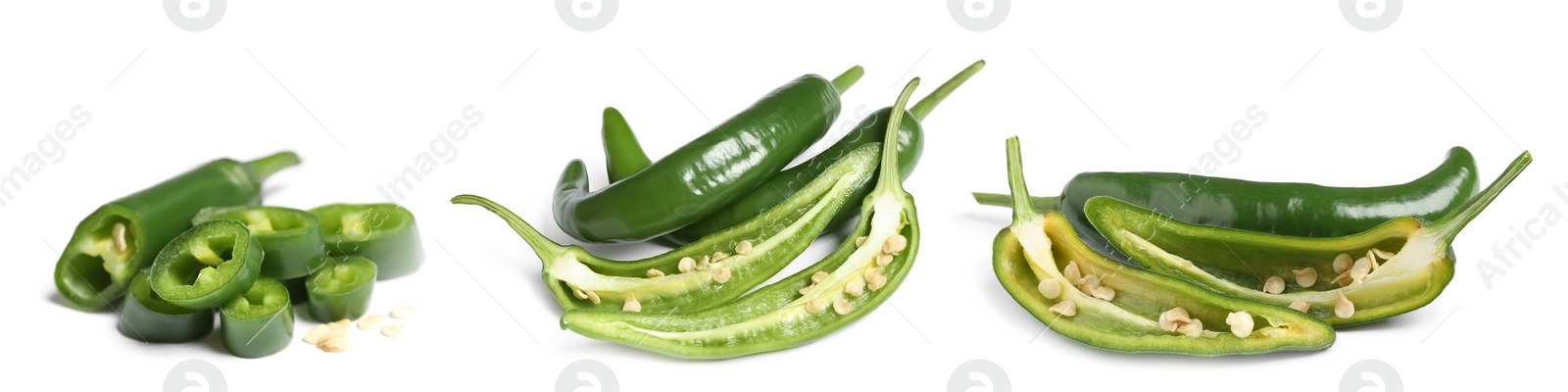 Image of Set with cut green chili peppers on white background. Banner design 