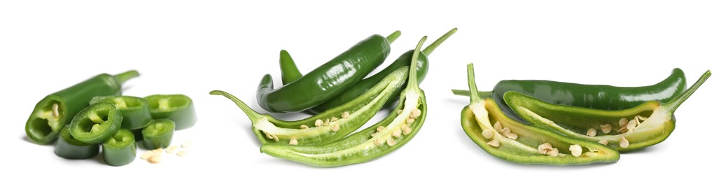 Image of Set with cut green chili peppers on white background. Banner design 