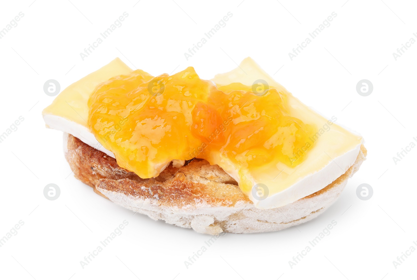 Photo of Tasty sandwich with brie cheese and apricot jam isolated on white