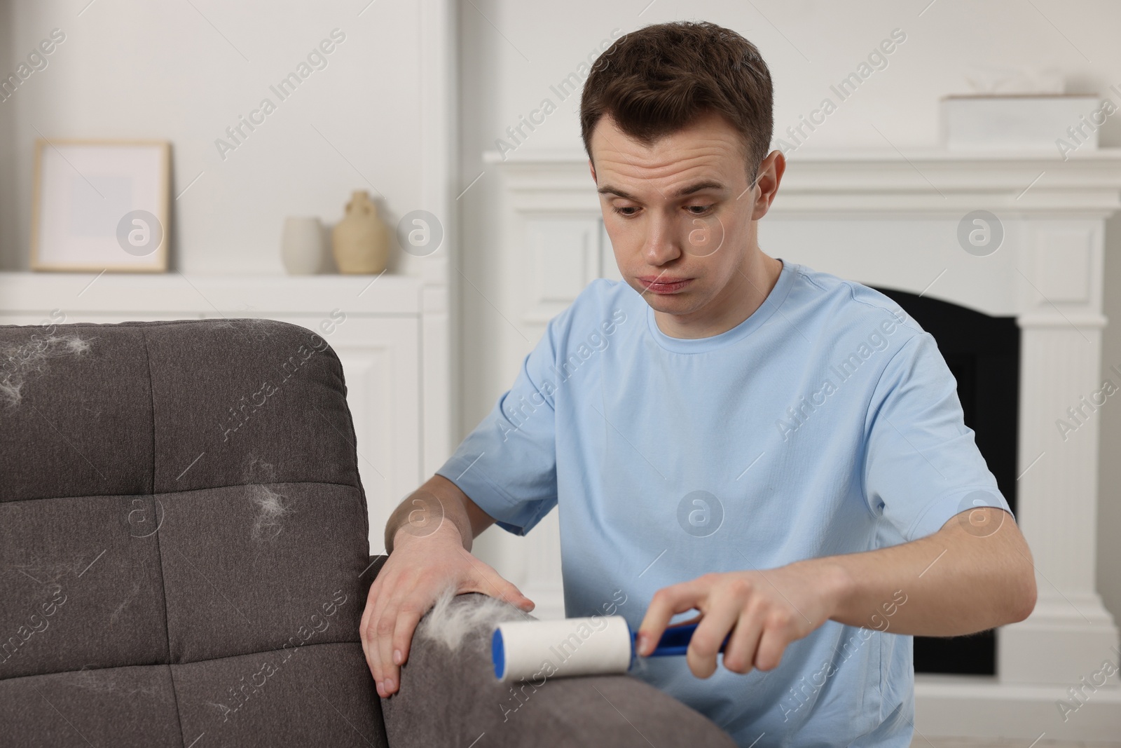 Photo of Pet shedding. Tired man with lint roller removing dog's hair from armchair at home