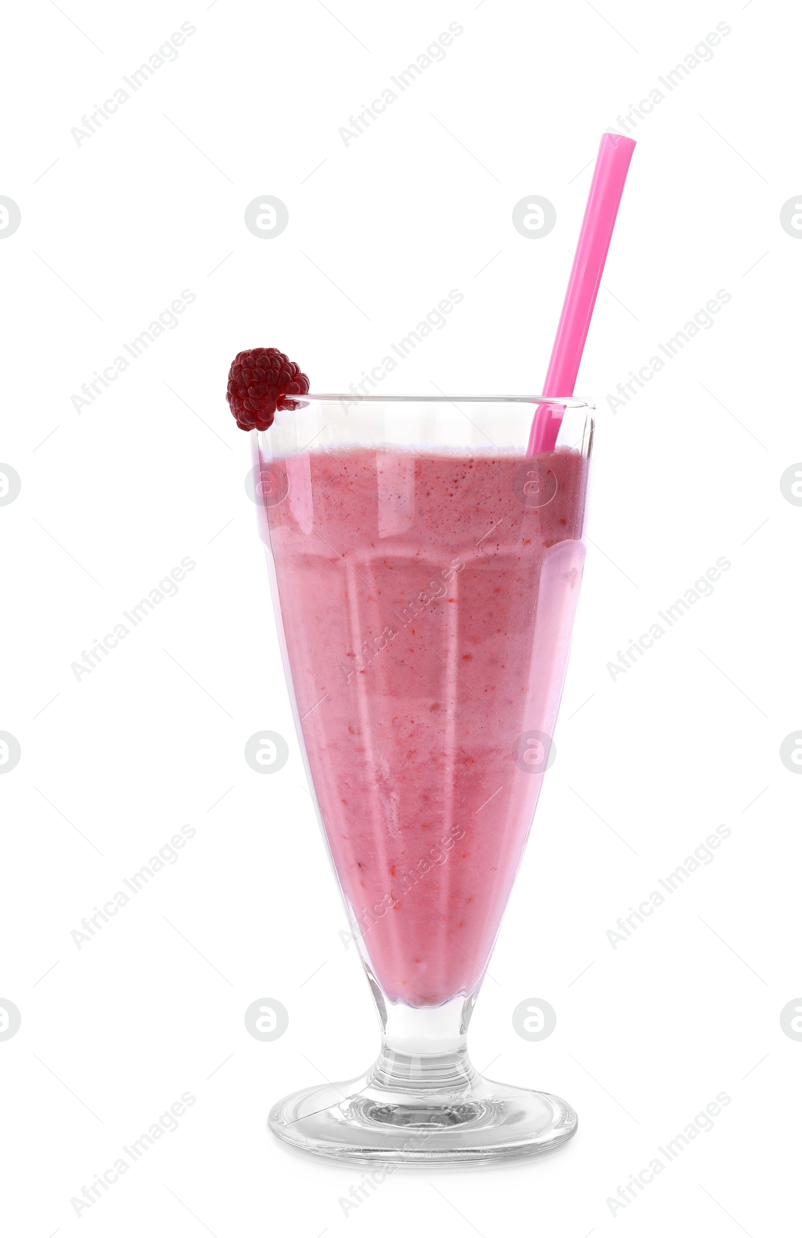 Photo of Tasty fresh milk shake in glass on white background