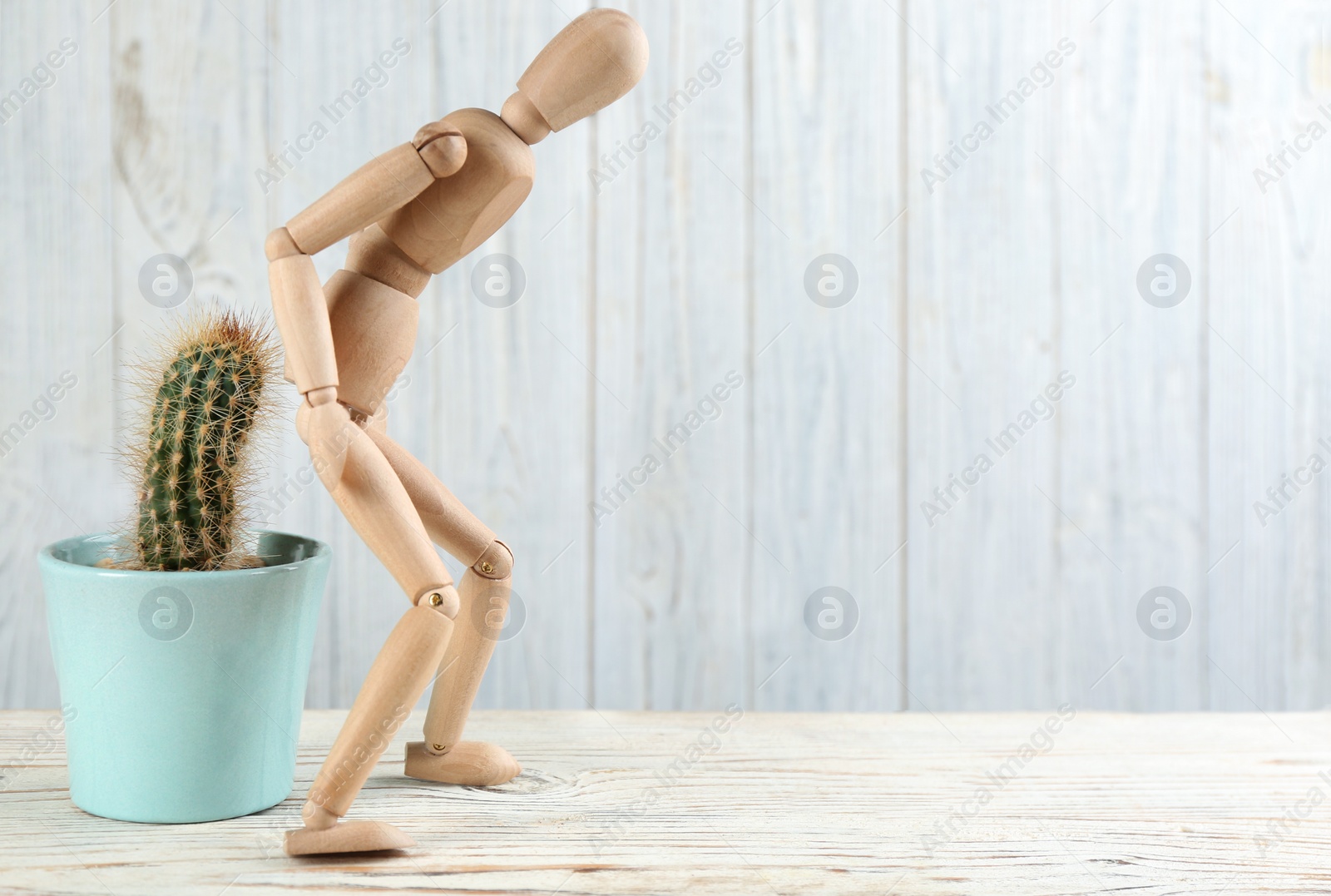 Photo of Wooden human figure and cactus on white table, space for text. Hemorrhoid problems