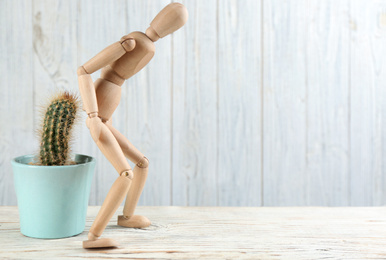 Wooden human figure and cactus on white table, space for text. Hemorrhoid problems