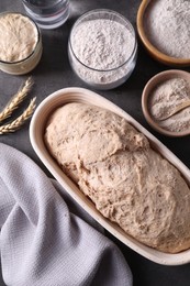 Photo of Fresh sourdough, flour and spikes on grey table, flat lay