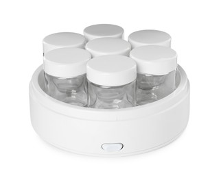 Modern yogurt maker with empty jars on white background