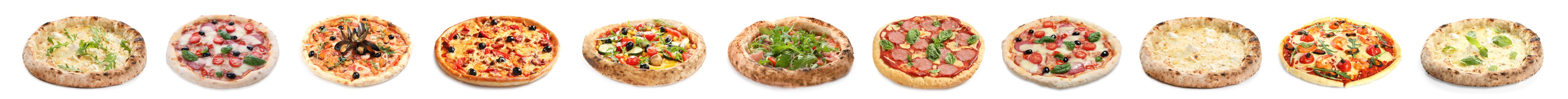 Image of Set with different delicious pizzas on white background. Banner design