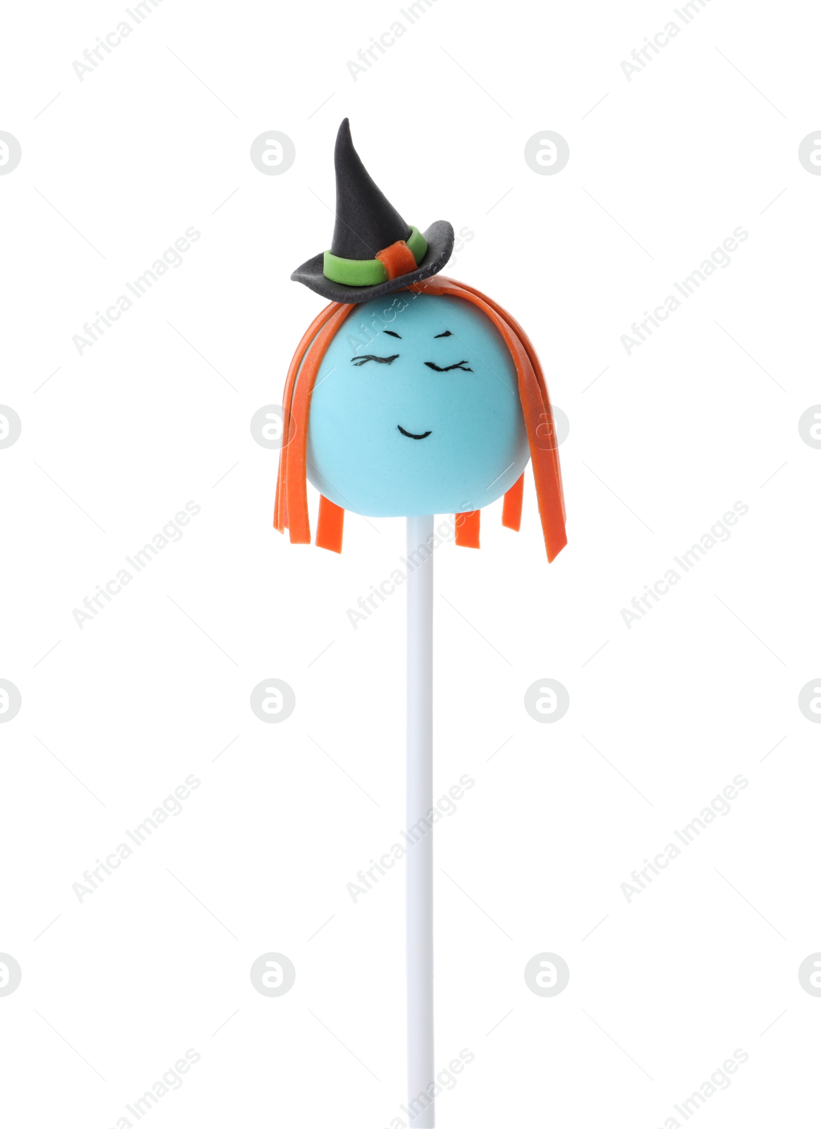 Photo of Delicious witch cake pop isolated on white. Halloween holiday