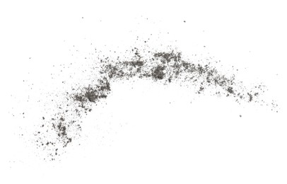 Photo of Pile of black dust scattered on white background, top view