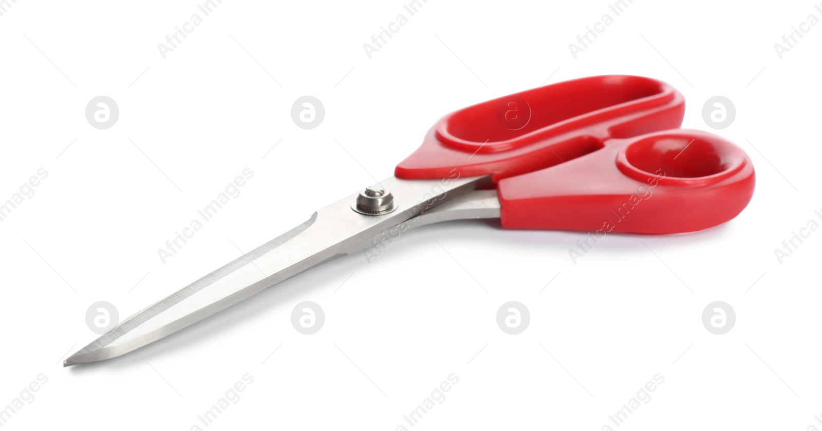 Photo of Pair of sharp sewing scissors on white background