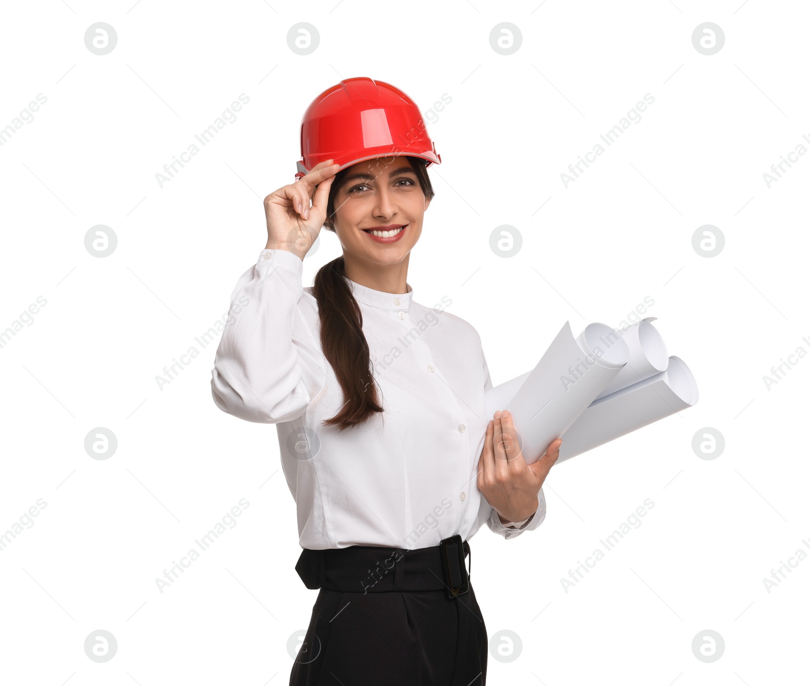 Photo of Architect with hard hat and drafts on white background