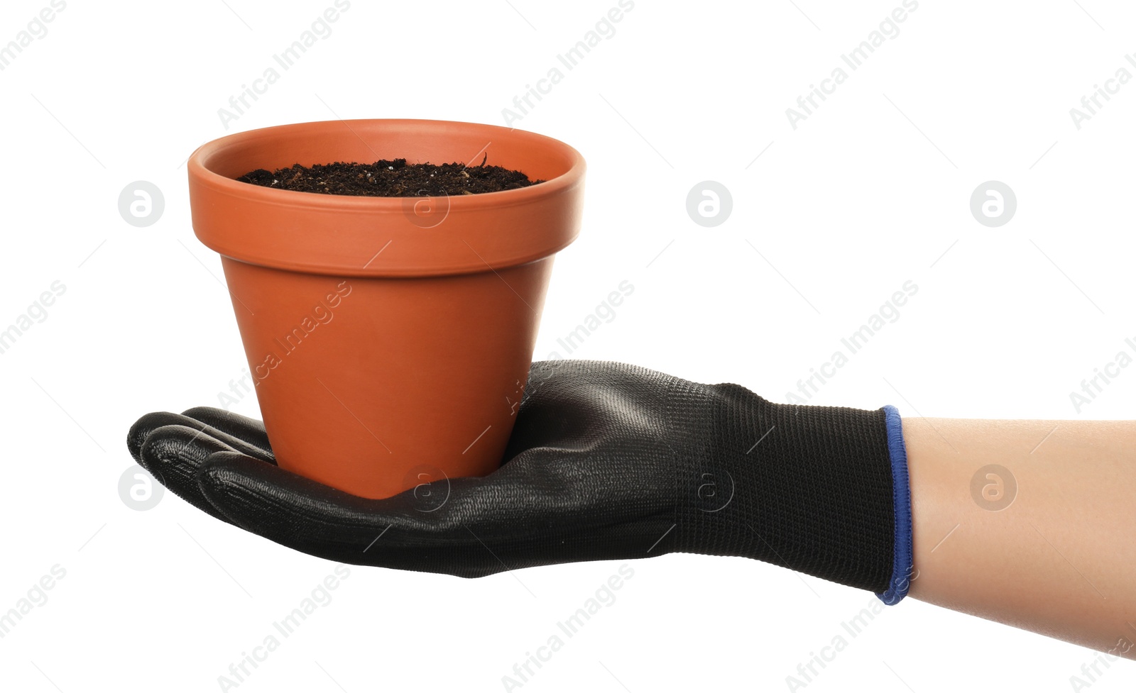 Photo of Woman holding clay flower pot on white background, closeup