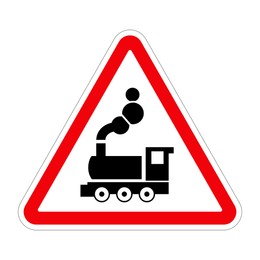 Illustration of Traffic sign LEVEL CROSSING WITHOUT BARRIER AHEAD on white background, illustration 