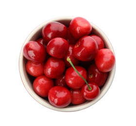 Photo of Bowl with sweet red cherries on white background