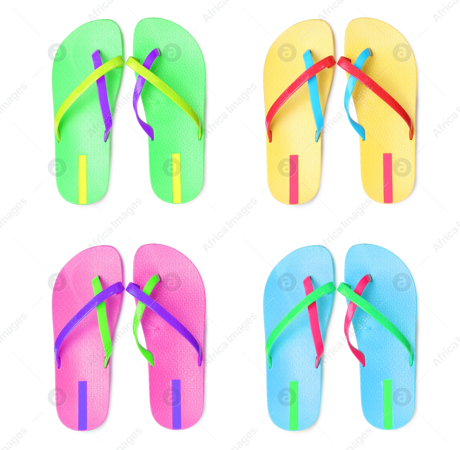 Image of Set with different colorful flip flops on white background, top view