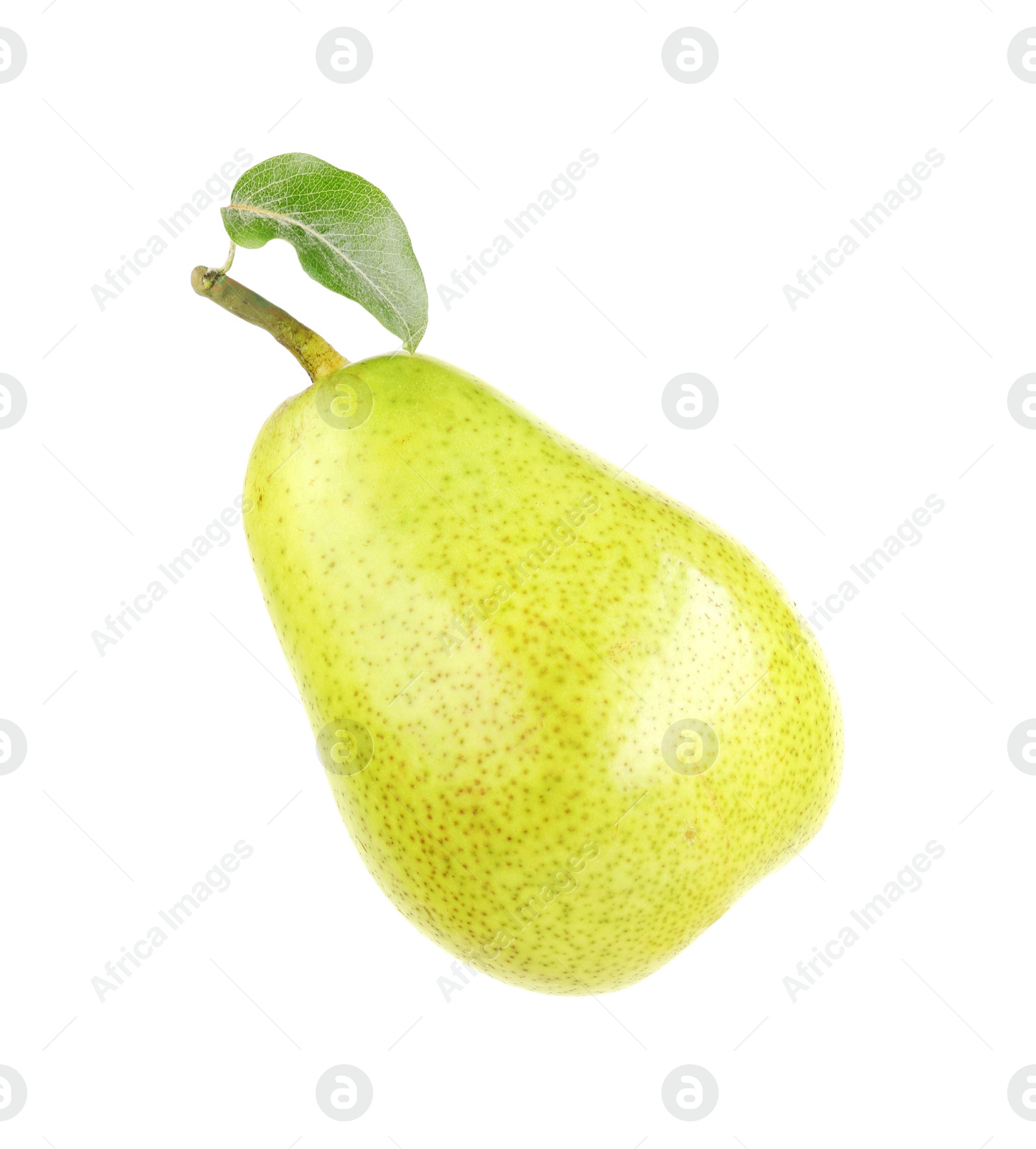 Photo of One ripe pear with leaf on white background