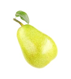 Photo of One ripe pear with leaf on white background