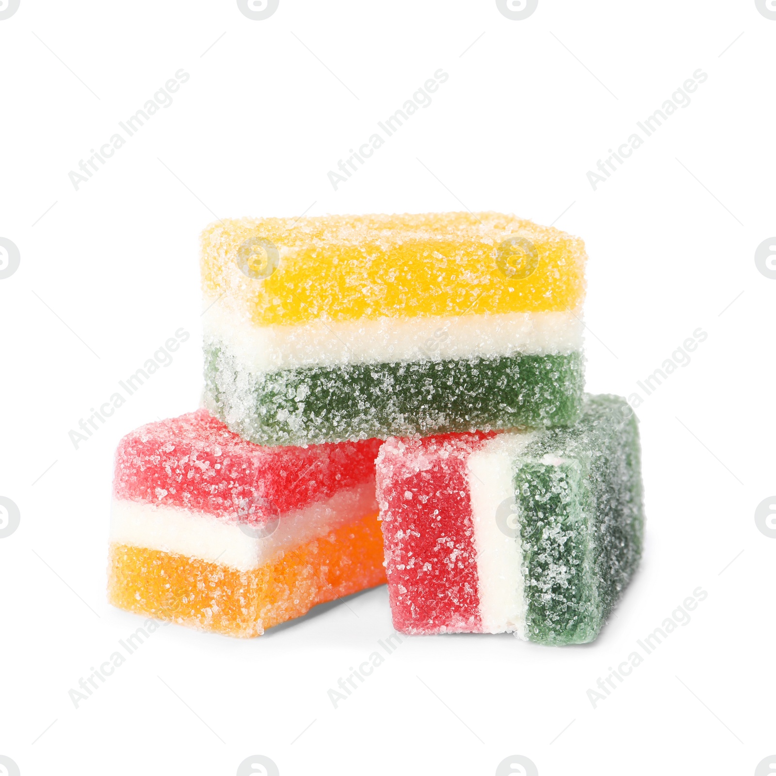 Photo of Delicious sweet marmalade pieces on white background