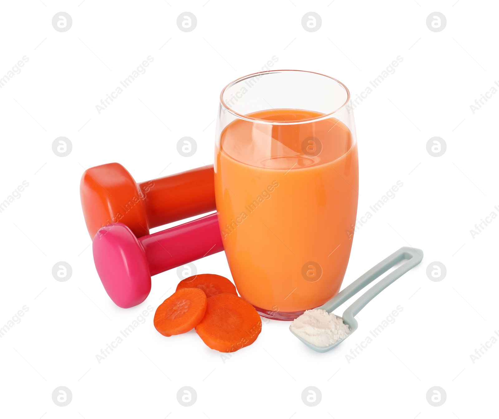 Photo of Tasty shake, dumbbells, powder and cut carrot isolated on white. Weight loss