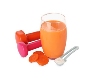 Photo of Tasty shake, dumbbells, powder and cut carrot isolated on white. Weight loss