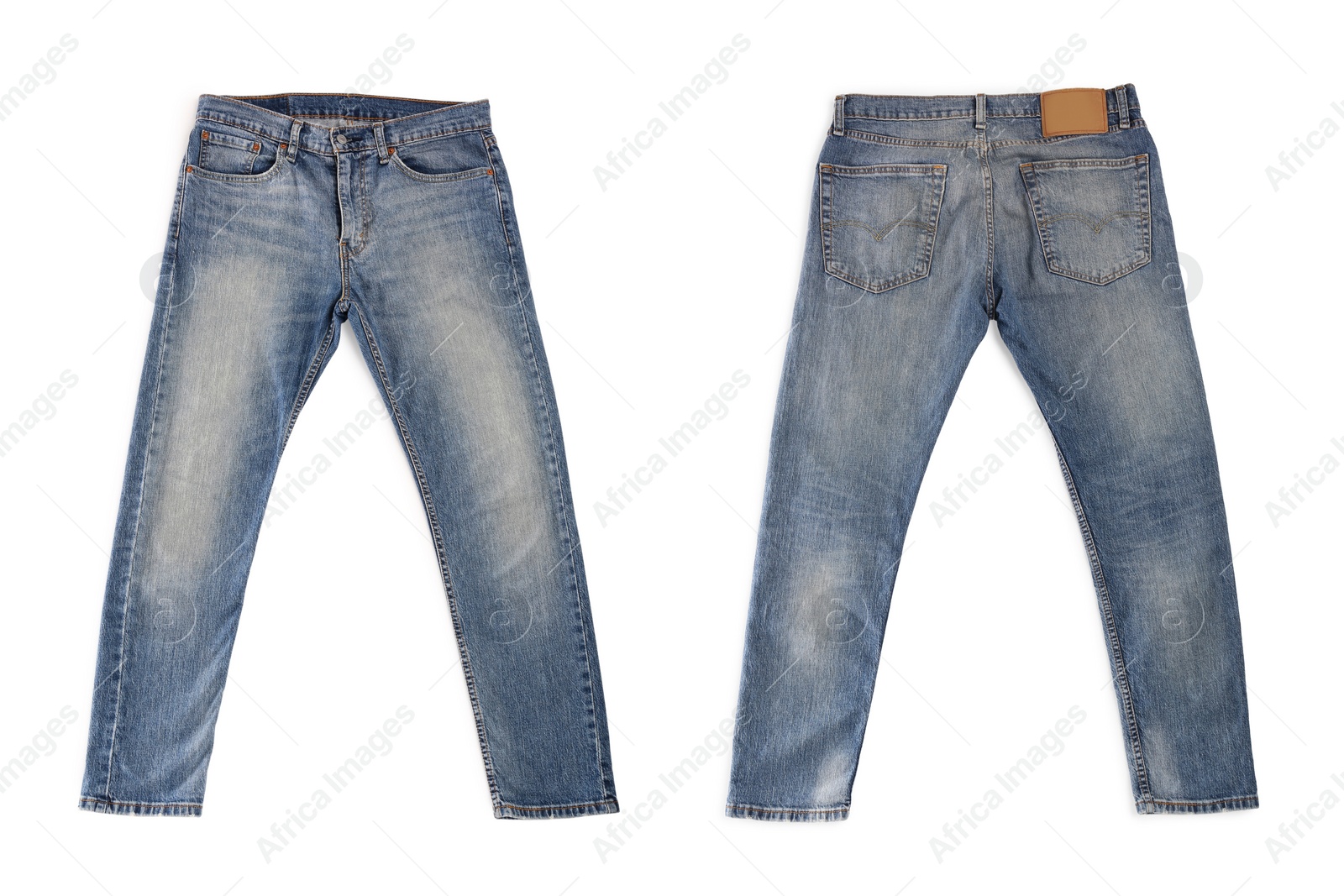 Image of Collage with jeans isolated on white, back and front views