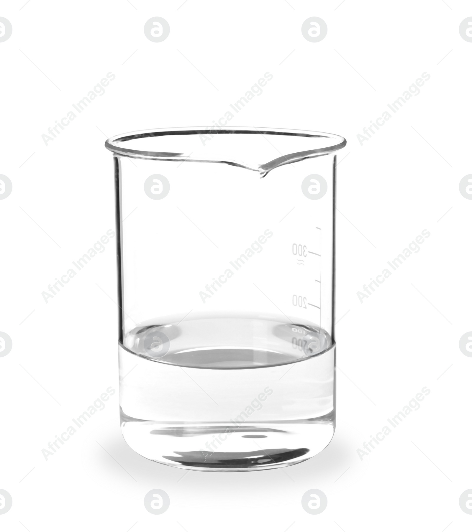 Photo of Beaker with liquid on white background. Laboratory analysis equipment