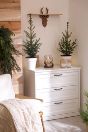 Photo of Beautiful room decorated for Christmas with potted firs. Interior design