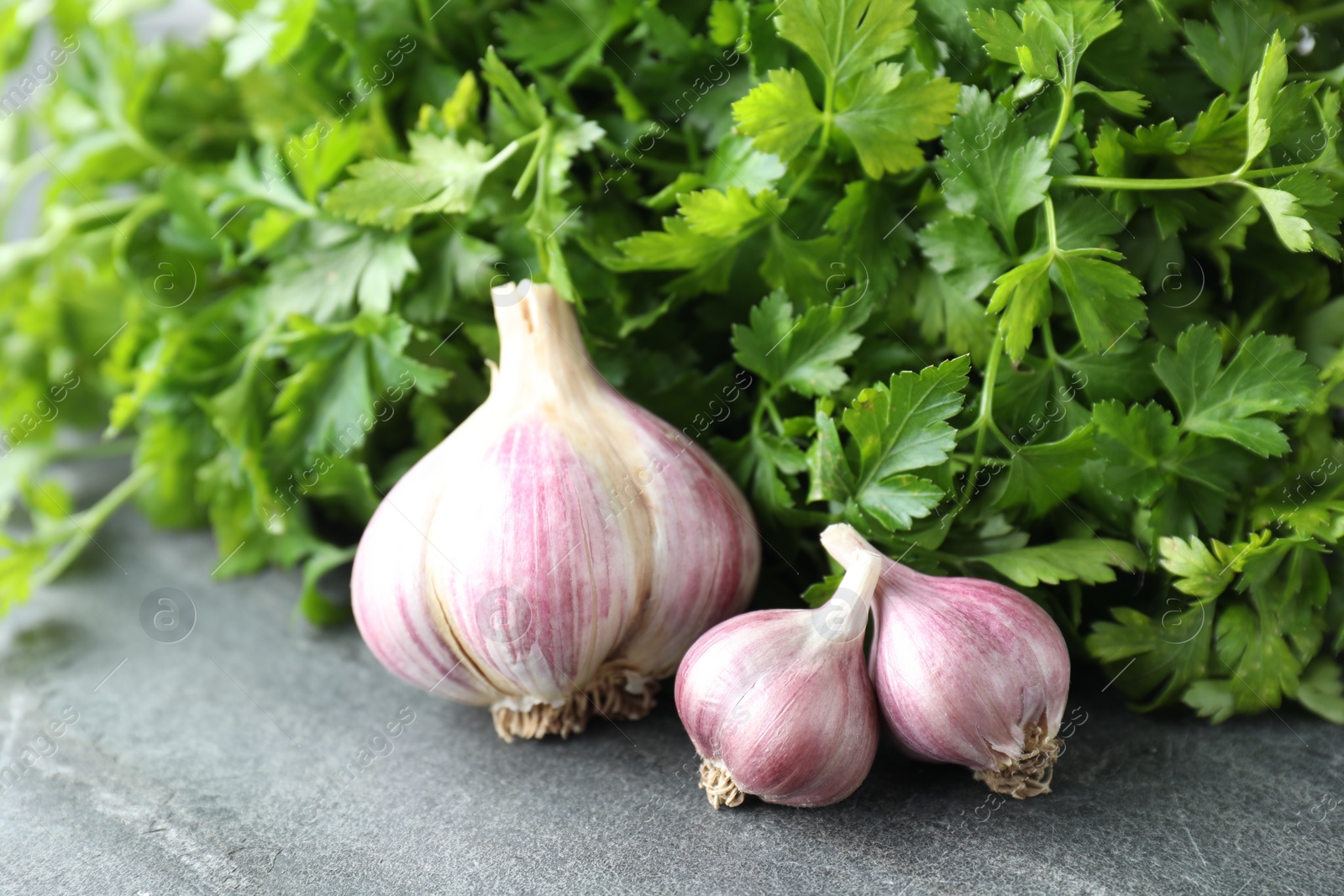 Photo of Fresh raw garlic and parsley on grey table, closeup