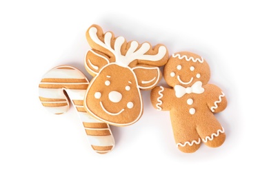 Photo of Different delicious Christmas cookies on white background, top view