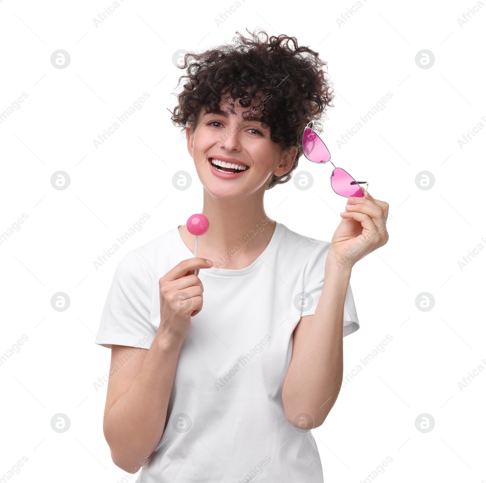 Photo of Beautiful woman with lollipop and sunglasses on white background