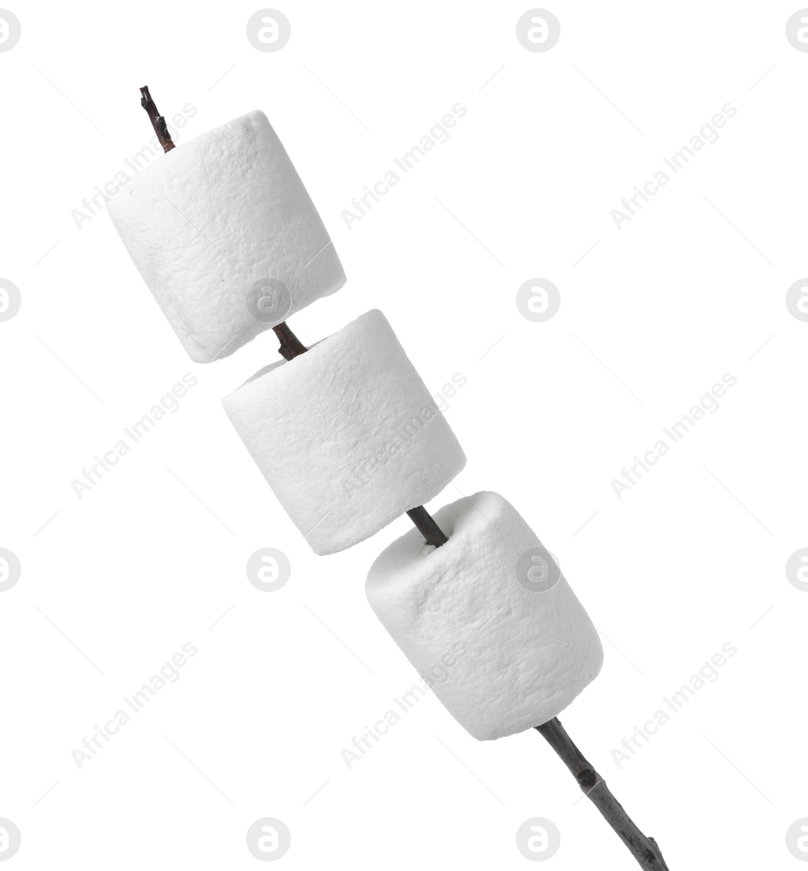 Photo of Twig with delicious puffy marshmallows isolated on white