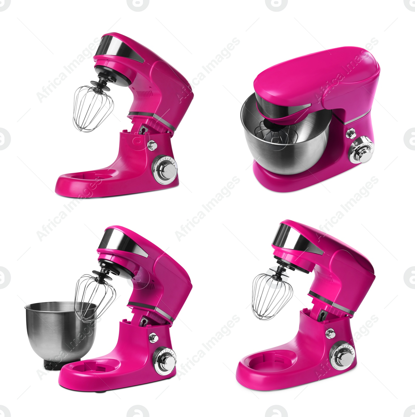 Image of Pink stand mixers isolated on white, set