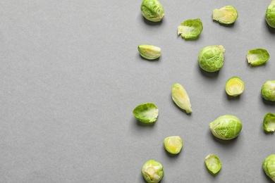 Tasty fresh Brussels sprouts on grey background, top view with space for text