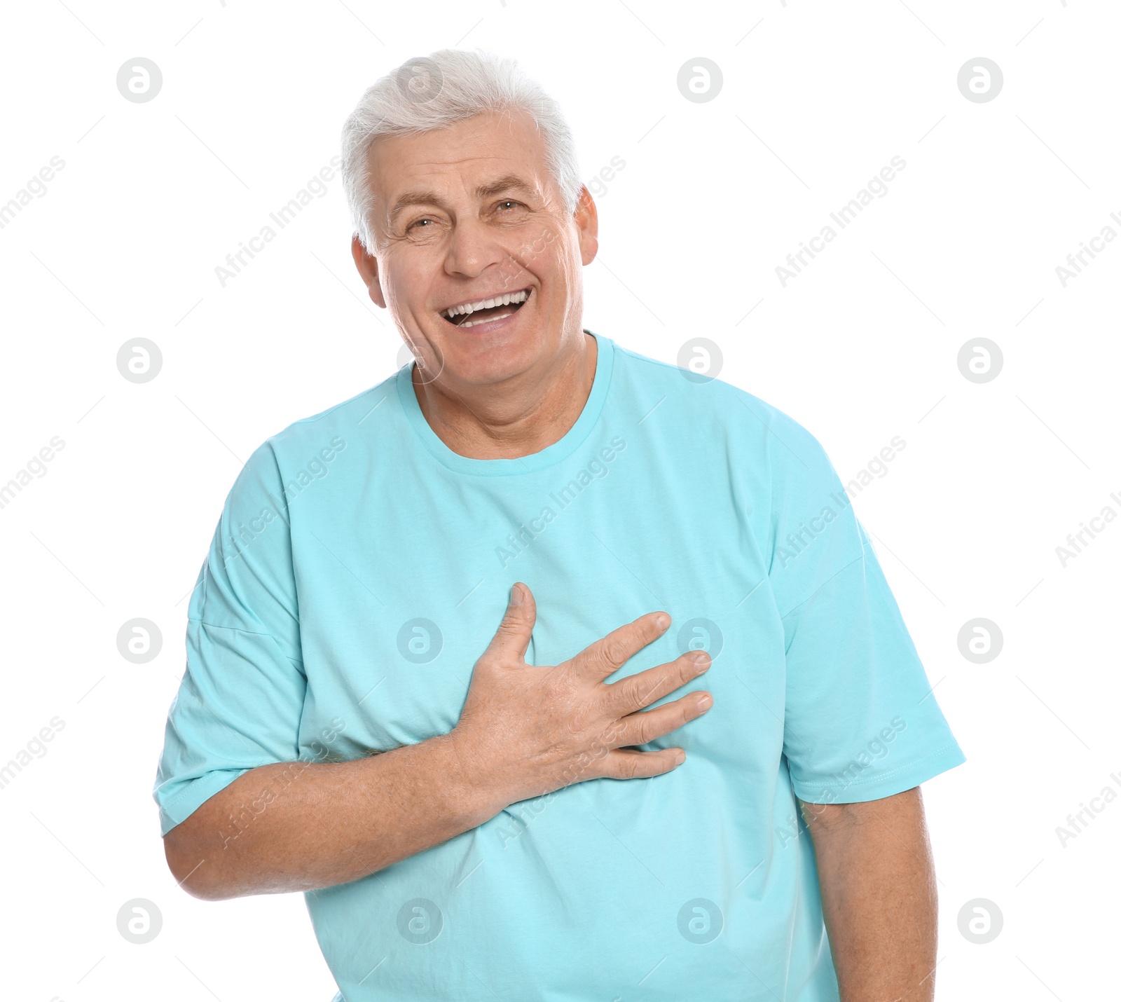 Photo of Portrait of mature man laughing on white background