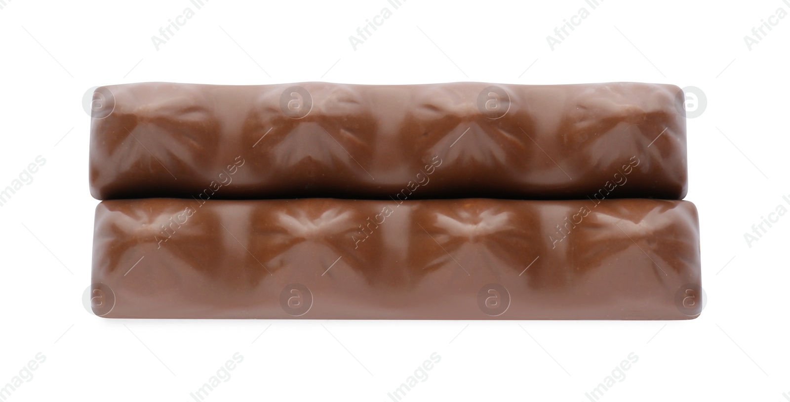 Photo of Sweet tasty chocolate bars on white background, top view