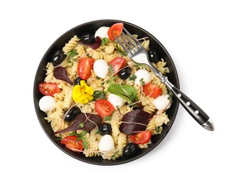 Photo of Bowl of delicious pasta with tomatoes, olives and mozzarella on white background, top view