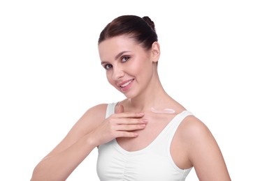 Beautiful woman with smear of body cream on white background
