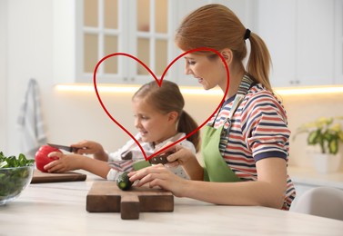 Image of Illustration of red heart and happy mother with daughter cooking salad together in kitchen