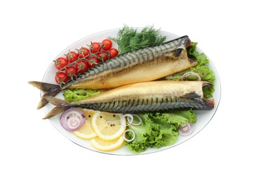 Delicious smoked mackerels and products on white background, top view