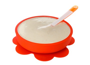 Photo of Healthy baby food in bowl on white background