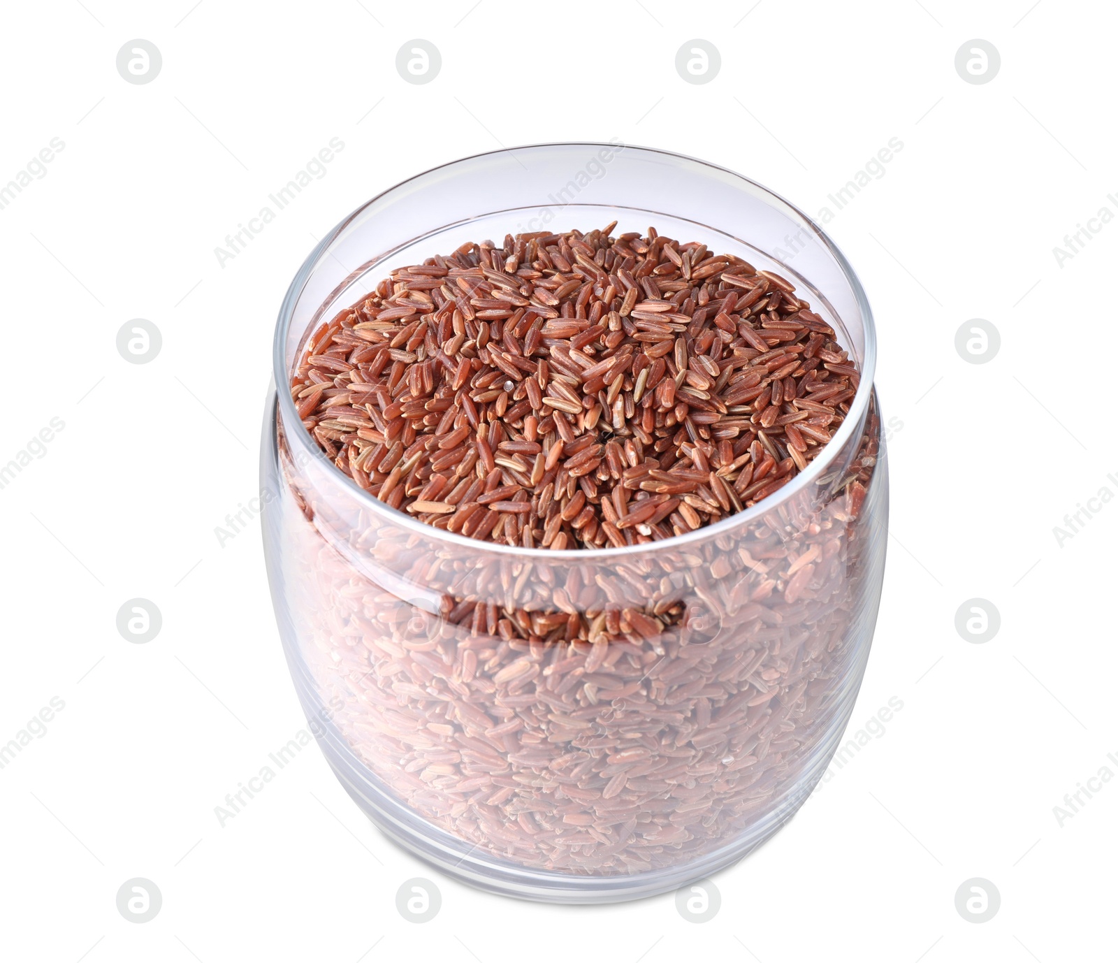 Photo of Brown rice in jar isolated on white